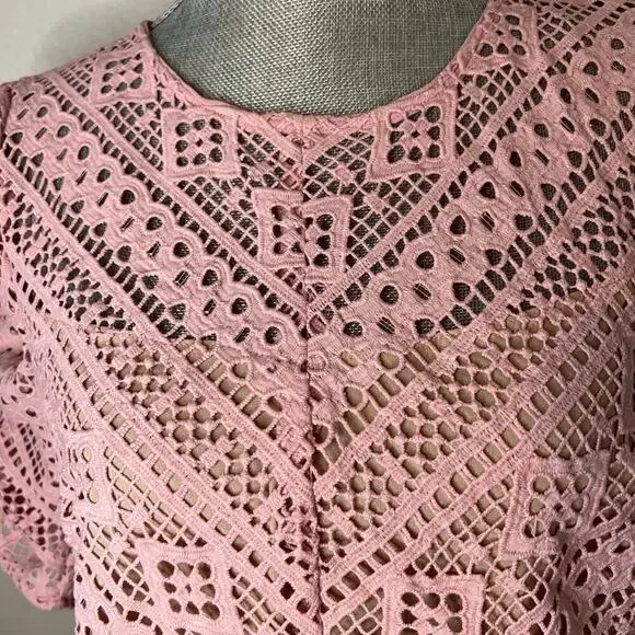 Endless Rose Vintage Pink Lace Top S Small Ruched Puff Sleeve Shirt - Picture 6 of 9